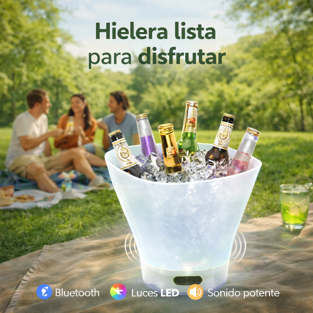 HIELERA CON LUZ Y PARLANTE BLUETOOTH