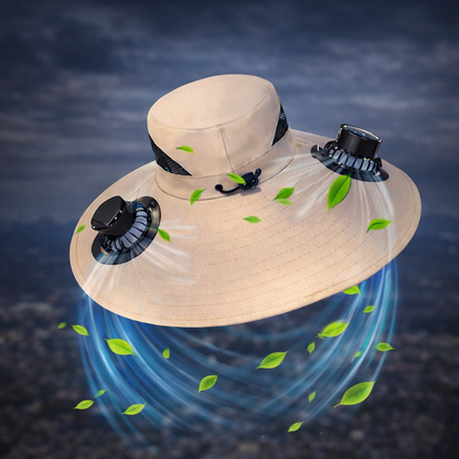 Sombrero con ventiladores, paneles solares y protección UV