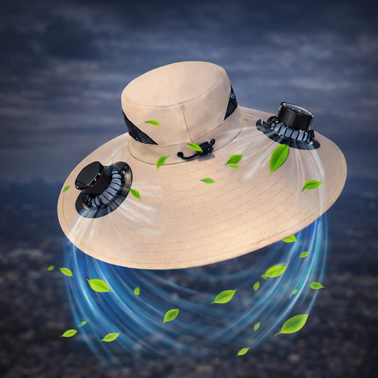 Sombrero con ventiladores, paneles solares y protección UV