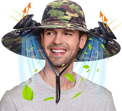 Sombrero con ventiladores, paneles solares y protección UV